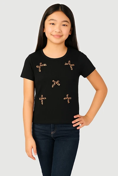 Girls Ribbed Knit Bow Short Sleeve Tee,