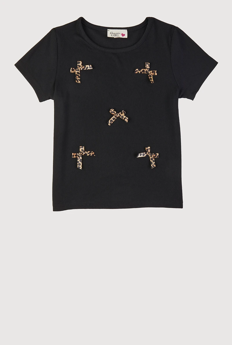 Girls Ribbed Knit Bow Short Sleeve Tee, Black, Size 10-12