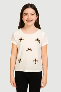 Girls Ribbed Knit Bow Short Sleeve Tee, White,