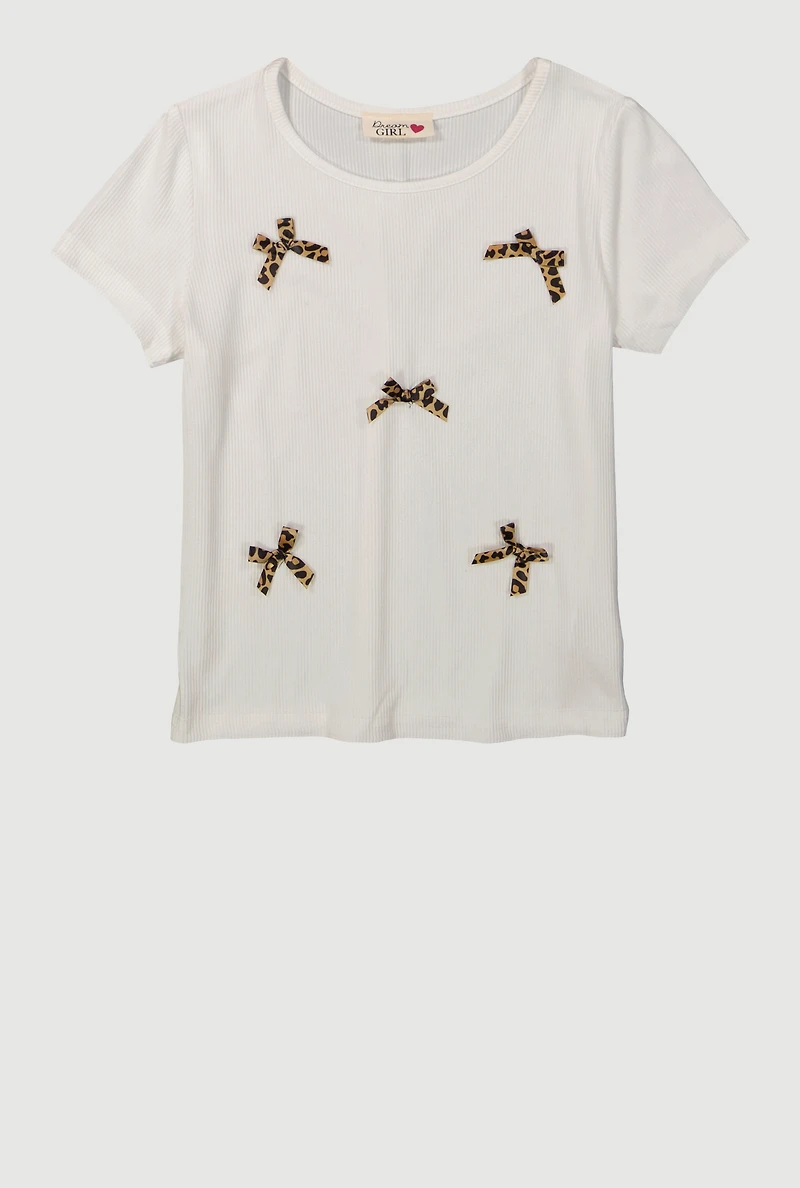 Girls Ribbed Knit Bow Short Sleeve Tee, White,