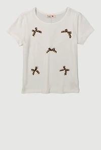 Girls Ribbed Knit Bow Short Sleeve Tee, White,