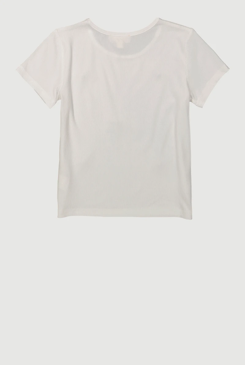 Girls Ribbed Knit Bow Short Sleeve Tee, White,