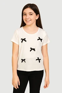 Girls Ribbed Knit Bow Short Sleeve Tee, White,