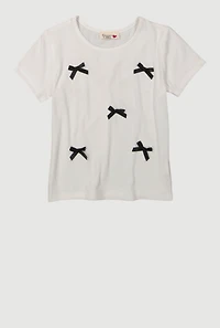 Girls Ribbed Knit Bow Short Sleeve Tee, White,
