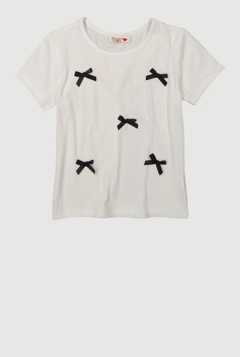 Girls Ribbed Knit Bow Short Sleeve Tee