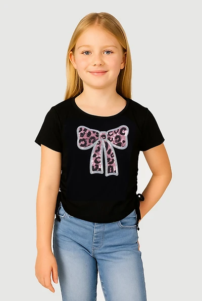 Girls Rib Knit Sequin Bow Graphic Tee