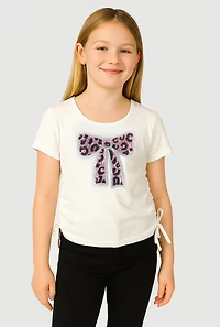 Girls Rib Knit Sequin Bow Graphic Tee, White, Size 14-16