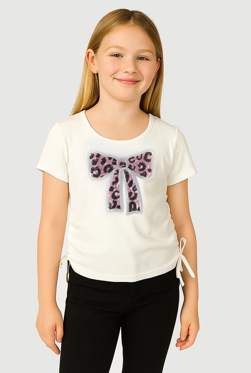 Girls Rib Knit Sequin Bow Graphic Tee, White, Size 10-12