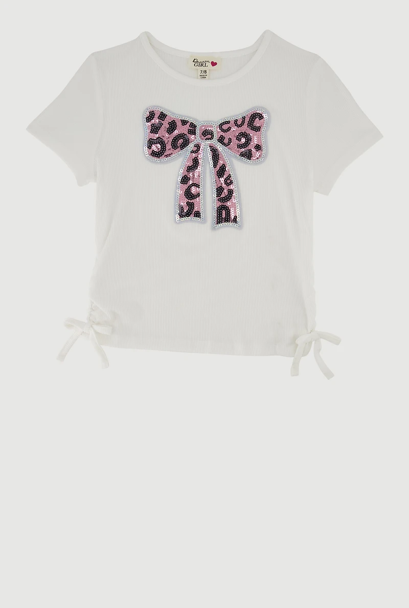 Girls Rib Knit Sequin Bow Graphic Tee, White, Size 10-12
