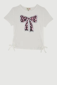 Girls Rib Knit Sequin Bow Graphic Tee, White, Size 10-12