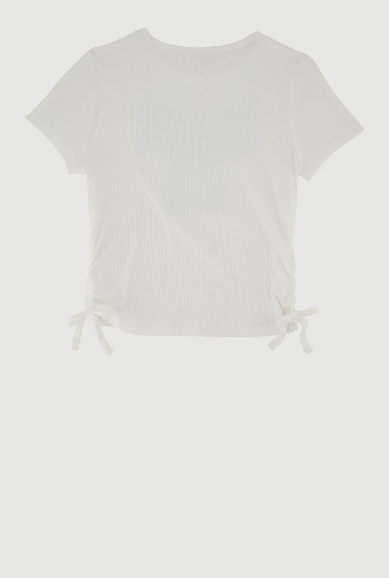 Girls Rib Knit Sequin Bow Graphic Tee, White, Size 10-12