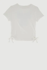 Girls Rib Knit Sequin Bow Graphic Tee, White, Size 10-12