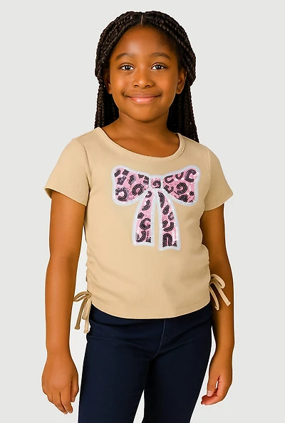 Girls Rib Knit Sequin Bow Graphic Tee, Beige, Size 10-12