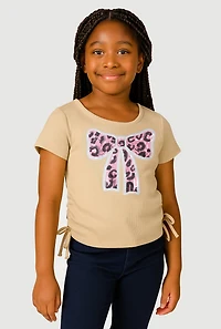 Girls Rib Knit Sequin Bow Graphic Tee, Beige, Size 10-12