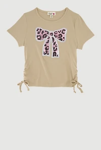Girls Rib Knit Sequin Bow Graphic Tee, Beige, Size 10-12