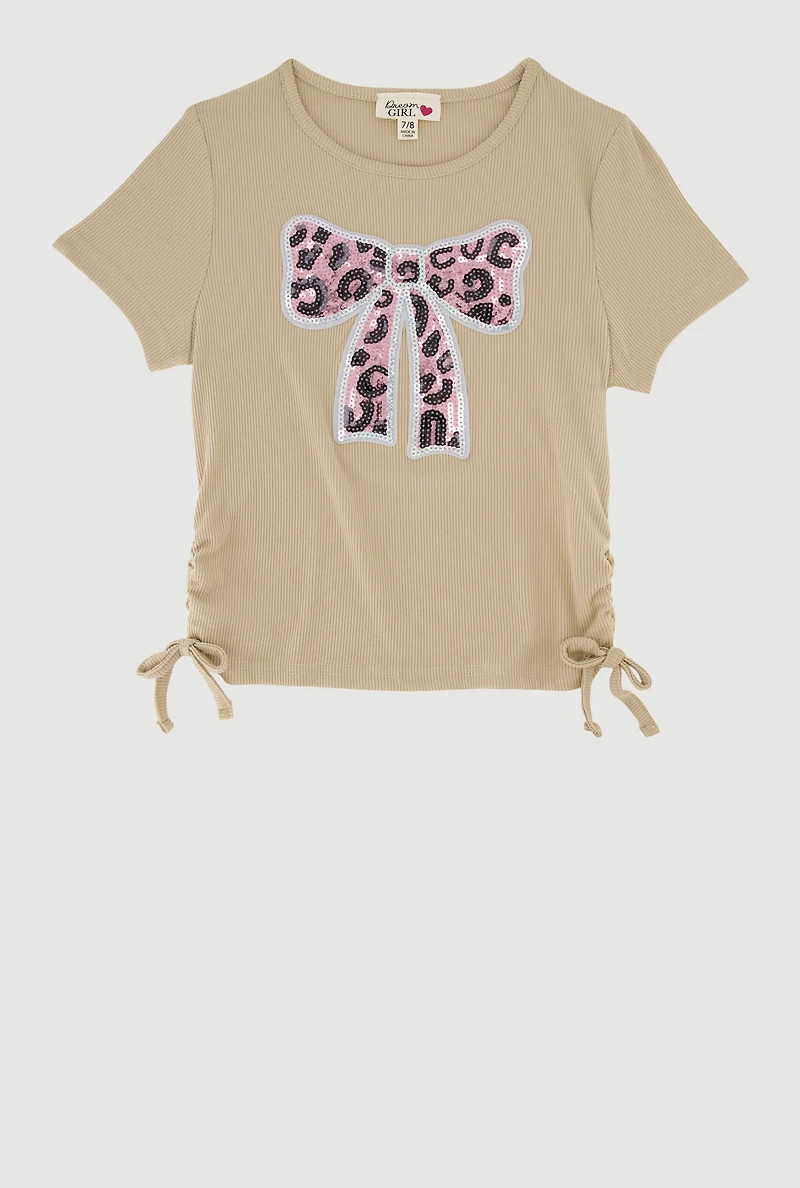 Girls Rib Knit Sequin Bow Graphic Tee, Beige, Size 14-16