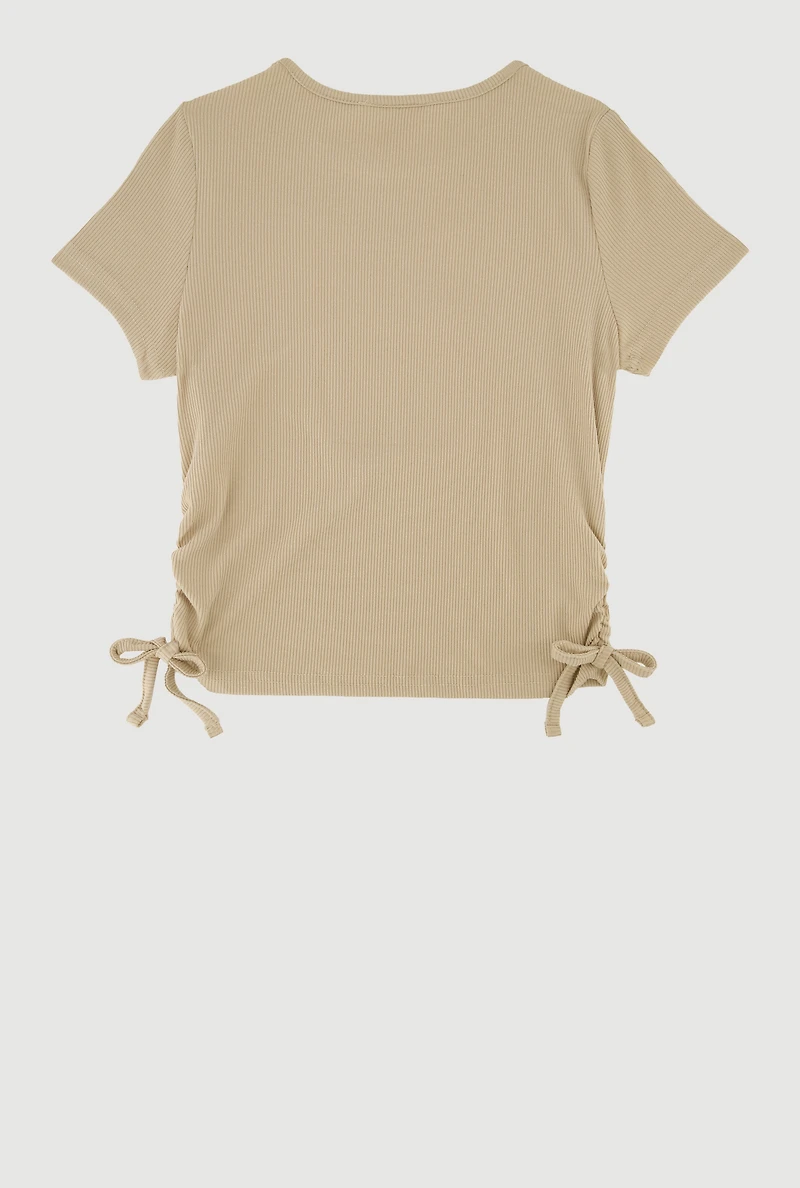 Girls Rib Knit Sequin Bow Graphic Tee, Beige, Size 14-16