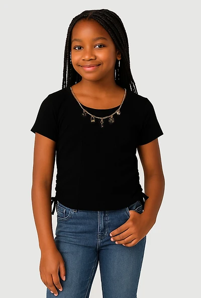 Girls Ribbed Knit Side Ruched T-Shirt with Charm Necklace, 14-16