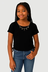 Girls Ribbed Knit Side Ruched T-Shirt with Charm Necklace, 14-16