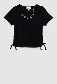 Girls Ribbed Knit Side Ruched T-Shirt with Charm Necklace,