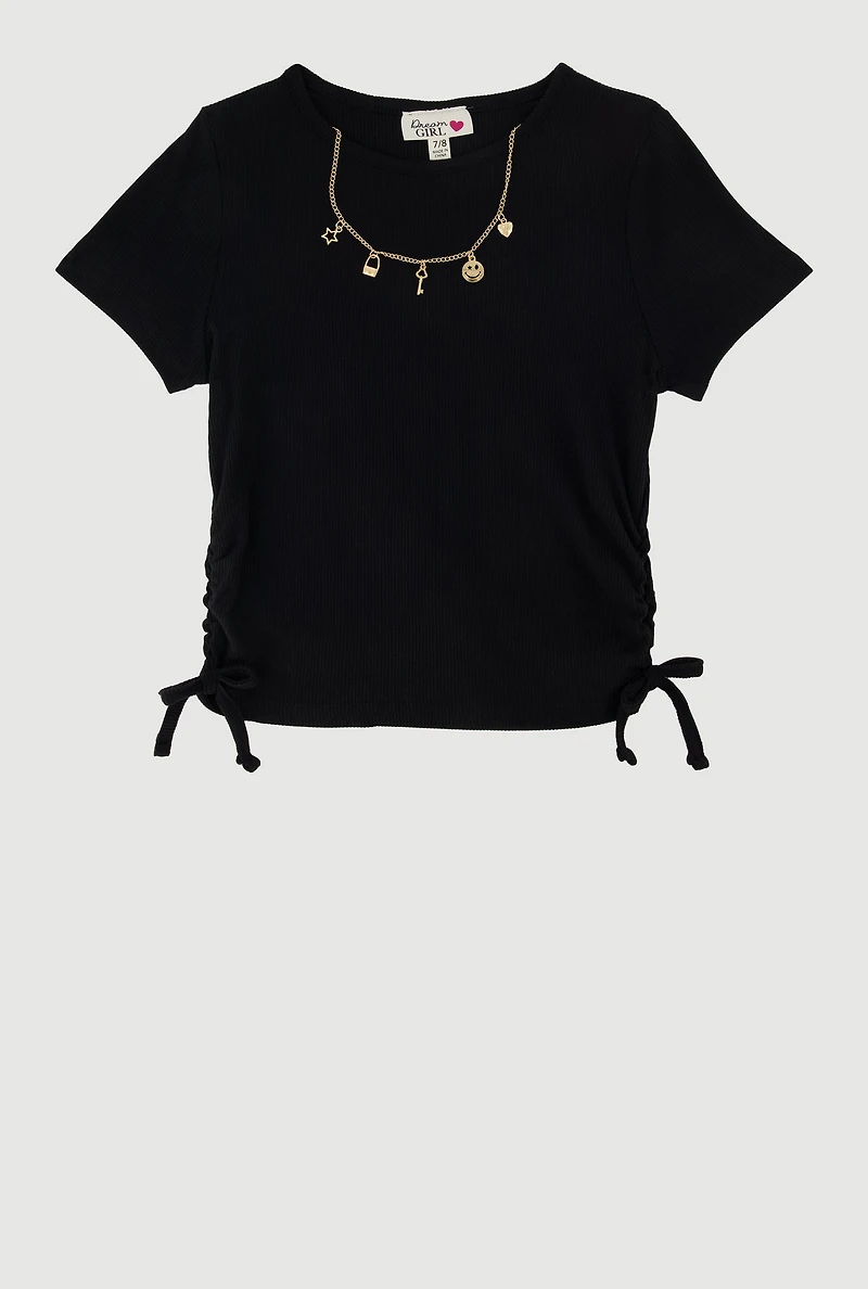 Girls Ribbed Knit Side Ruched T-Shirt with Charm Necklace, 14-16