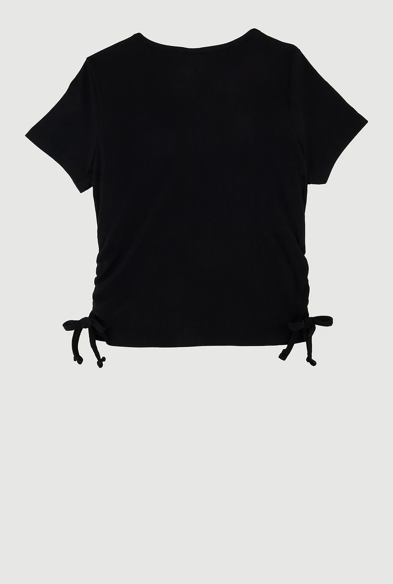 Girls Ribbed Knit Side Ruched T-Shirt with Charm Necklace