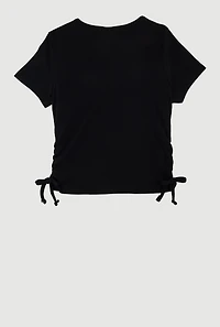 Girls Ribbed Knit Side Ruched T-Shirt with Charm Necklace