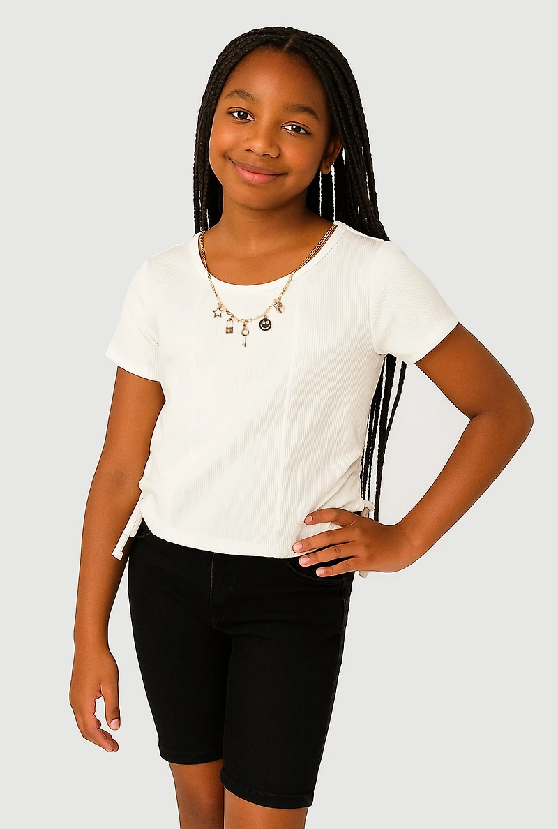 Girls Ribbed Knit Side Ruched T-Shirt with Charm Necklace, White, Size 10-12