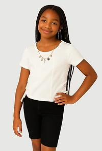 Girls Ribbed Knit Side Ruched T-Shirt with Charm Necklace, White, Size 10-12
