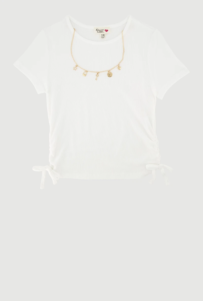 Girls Ribbed Knit Side Ruched T-Shirt with Charm Necklace