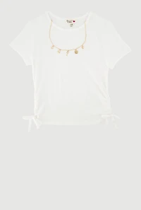 Girls Ribbed Knit Side Ruched T-Shirt with Charm Necklace