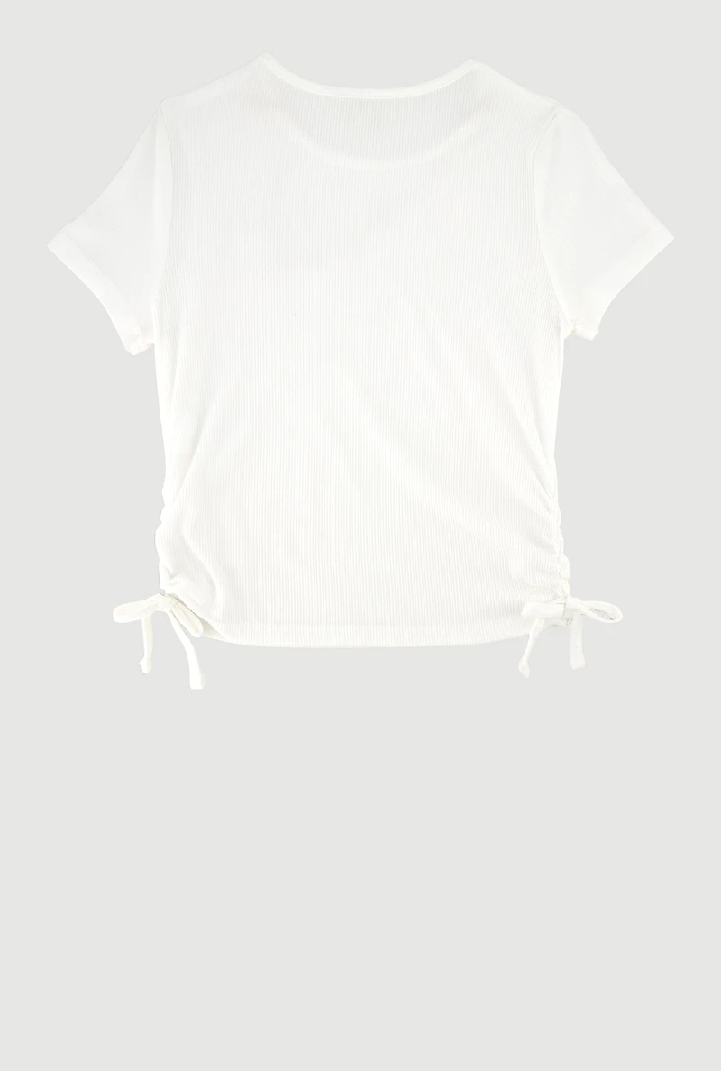 Girls Ribbed Knit Side Ruched T-Shirt with Charm Necklace, White, Size 10-12