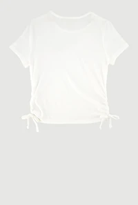 Girls Ribbed Knit Side Ruched T-Shirt with Charm Necklace, White, Size 10-12