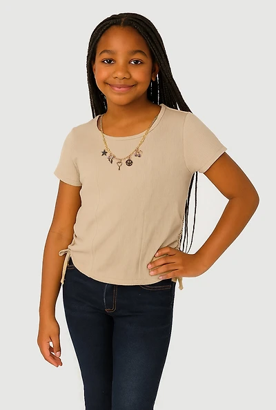 Girls Ribbed Knit Side Ruched T-Shirt with Charm Necklace, 10-12