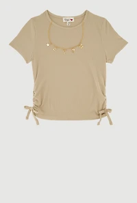 Girls Ribbed Knit Side Ruched T-Shirt with Charm Necklace, 10-12