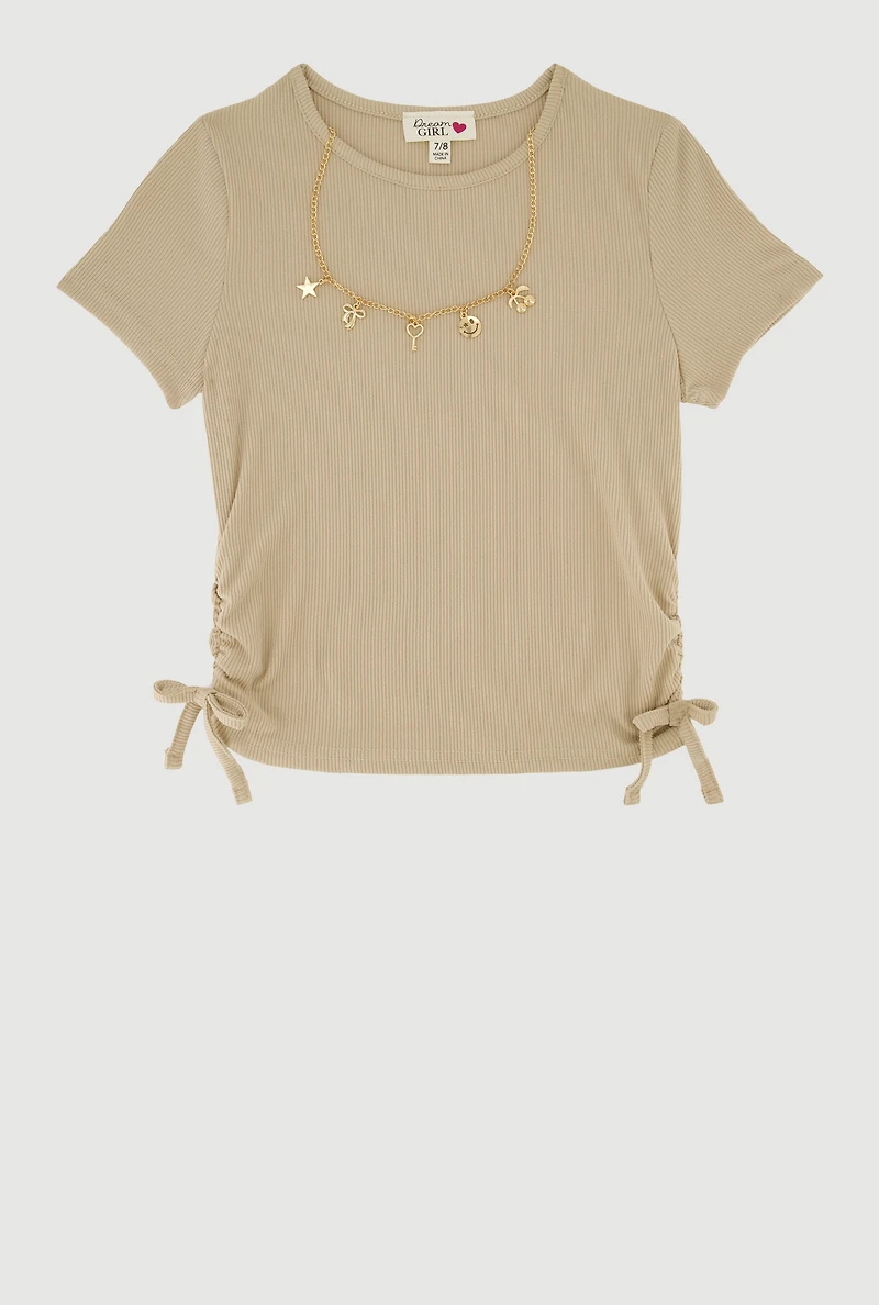 Girls Ribbed Knit Side Ruched T-Shirt with Charm Necklace, 14-16