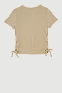 Girls Ribbed Knit Side Ruched T-Shirt with Charm Necklace, 10-12