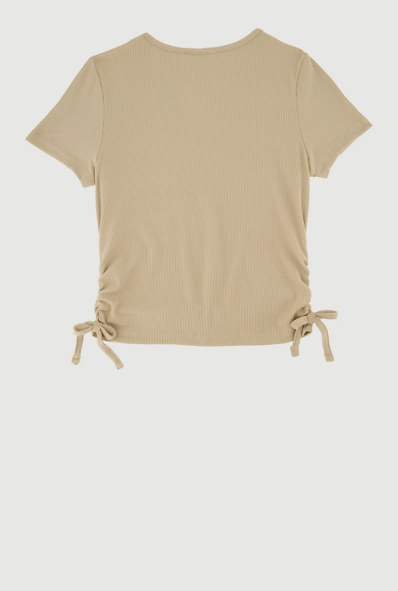 Girls Ribbed Knit Side Ruched T-Shirt with Charm Necklace, Beige, Size 10-12
