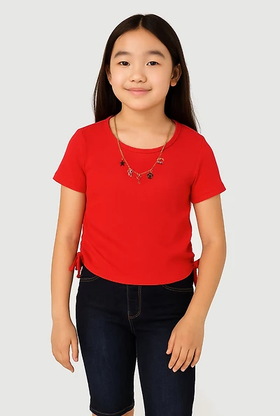 Girls Ribbed Knit Side Ruched T-Shirt with Charm Necklace,