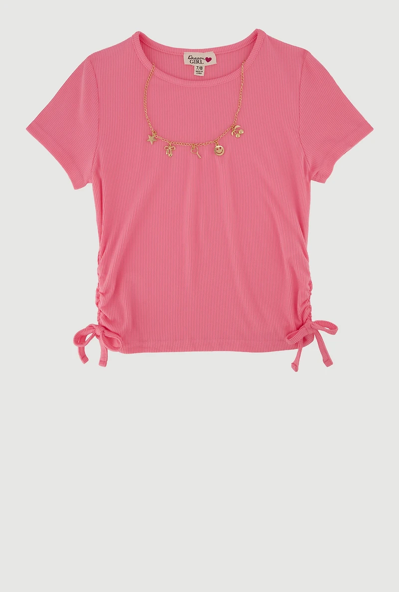 Girls Ribbed Knit Side Ruched T-Shirt with Charm Necklace, 7-8