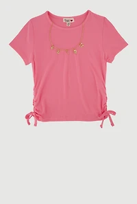 Girls Ribbed Knit Side Ruched T-Shirt with Charm Necklace, 7-8