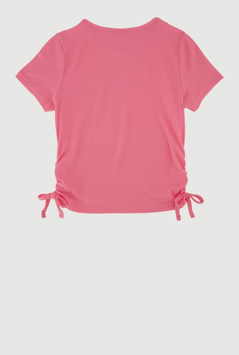 Girls Ribbed Knit Side Ruched T-Shirt with Charm Necklace, 7-8