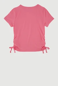 Girls Ribbed Knit Side Ruched T-Shirt with Charm Necklace, 7-8