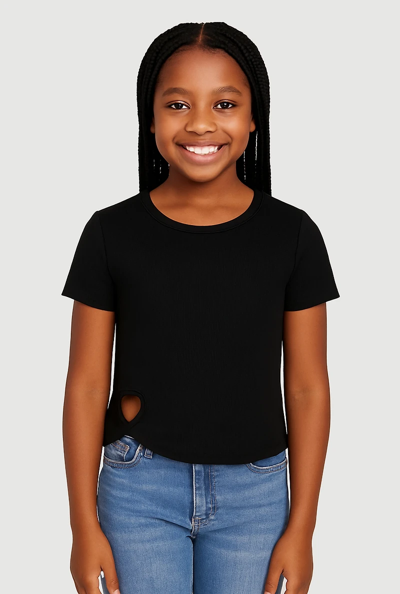 Girls Heart Cut Out Ribbed Knit T-Shirt, Black, Size 10-12
