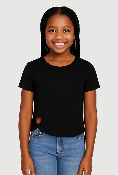 Girls Heart Cut Out Ribbed Knit T-Shirt, Black, Size 10-12