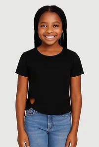 Girls Heart Cut Out Ribbed Knit T-Shirt, Black, Size 10-12