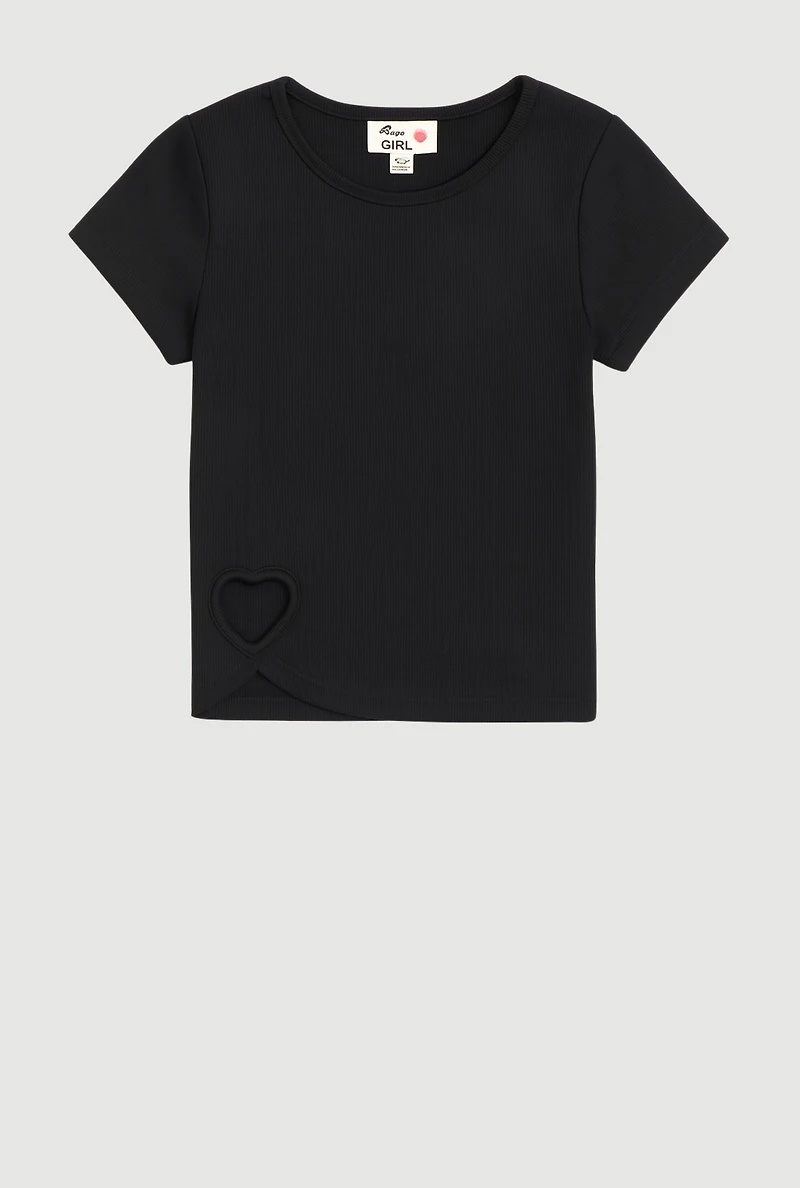 Girls Heart Cut Out Ribbed Knit T-Shirt, Black, Size 10-12