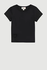 Girls Heart Cut Out Ribbed Knit T-Shirt, Black, Size 10-12