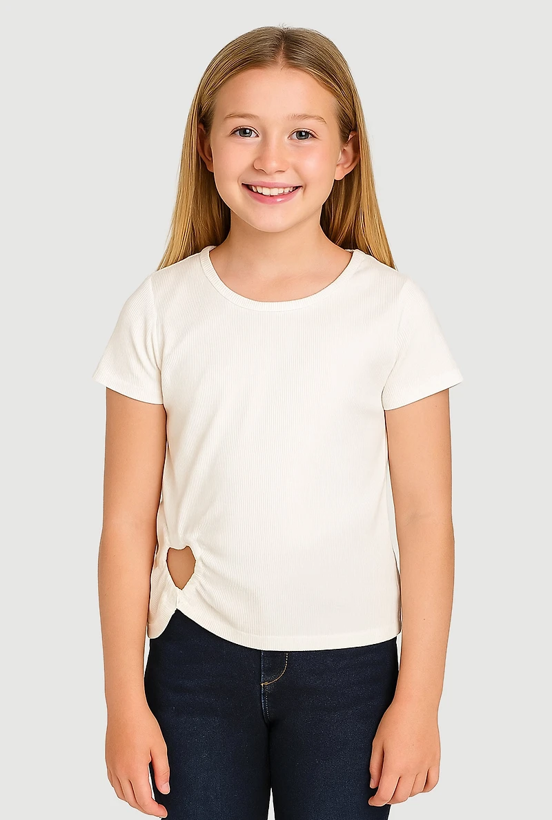 Girls Heart Cut Out Ribbed Knit T-Shirt, White, Size 7-8
