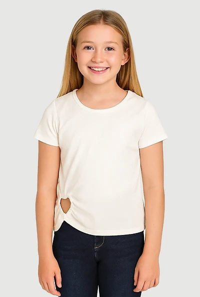 Girls Heart Cut Out Ribbed Knit T-Shirt, White, Size 7-8